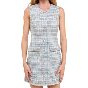 $140 ENGLISH FACTORY TWEED SLEEVELESS MINI DRESS blue metallic Medium